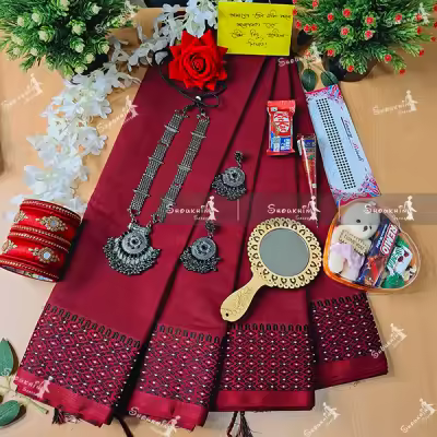 Tangail Saree Combo Set for Women - Sari Churi Necklace Earrings Mirror Kitkat Mehedi Tip Golap Love Chocolate Box etc